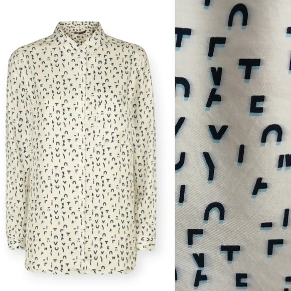 Maje Chacha Letter Print Silk Viscose Button Up Blouse Twee Maje 1 or Small - Picture 7 of 16